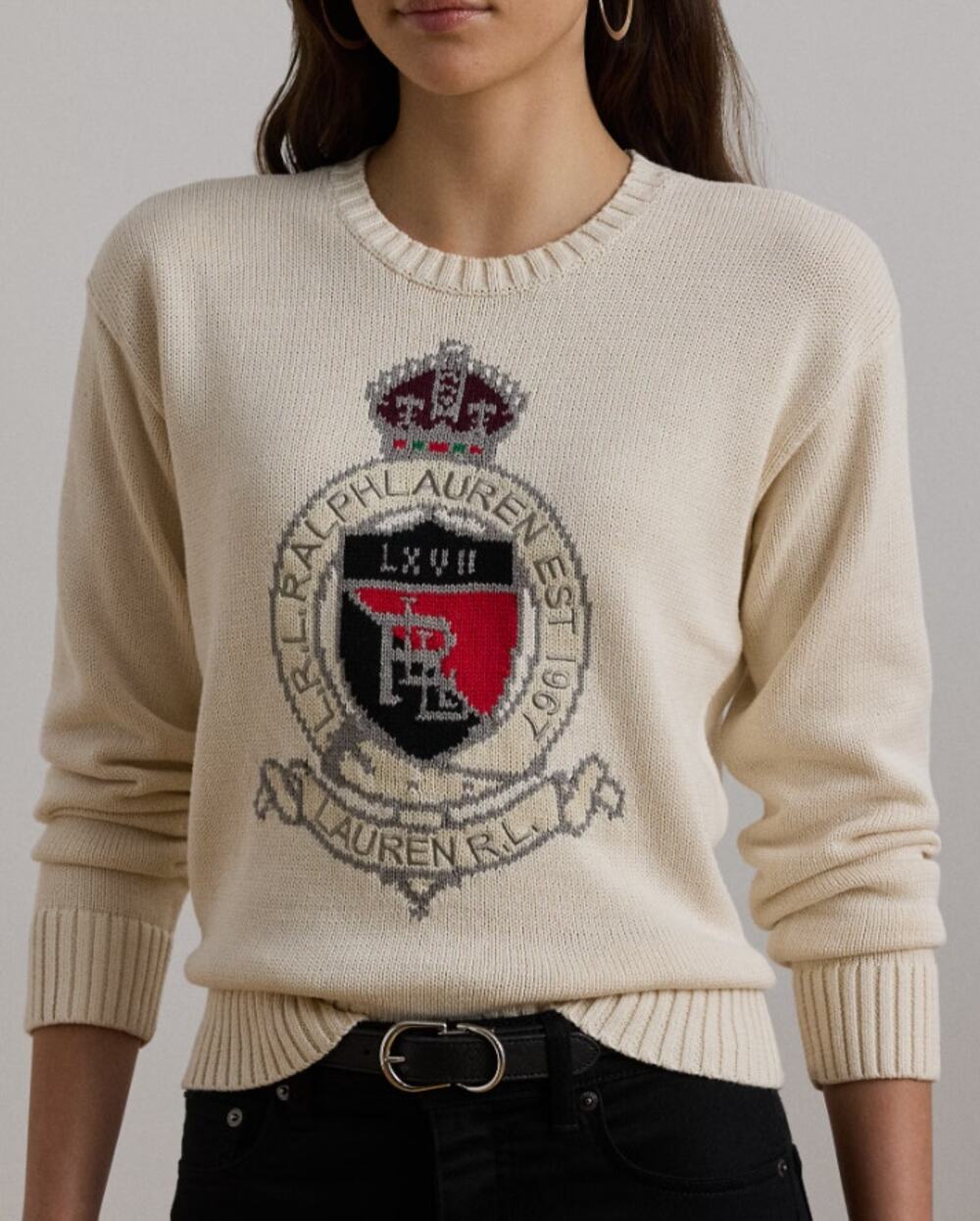 LAUREN RALPH LAUREN Intarsia-Knit Crest Sweater Large Cream 100% Cotton NWT